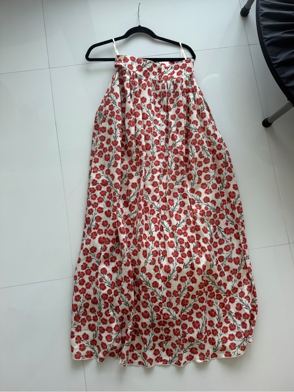 Agua by Agua Bendita Red Floral Linen Maxi Skirt — "Tropic Bermelo," Size M